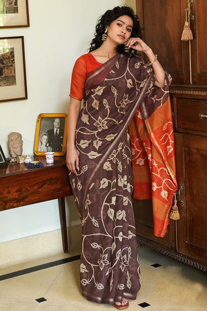Pecan Brown Linen Blend Saree