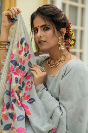 Pewter Grey Linen Blend Saree