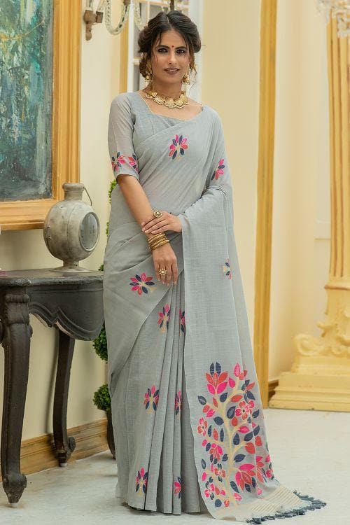 Pewter Grey Linen Blend Saree