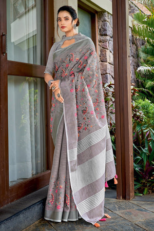 Pewter Grey Linen Blend Saree