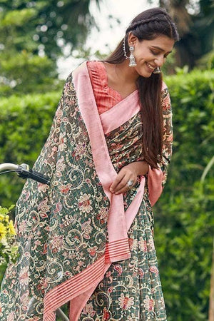 Pine Green Linen Blend Saree