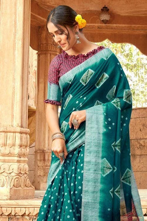 Pine Green Printed Linen Blend Saree