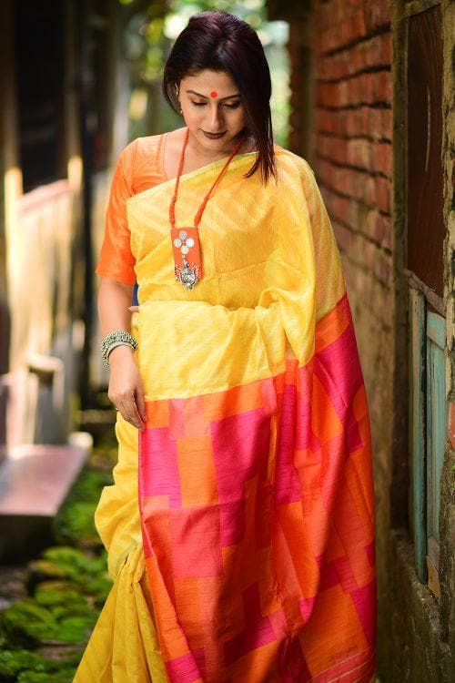 Pineapple Yellow Linen Blend Saree