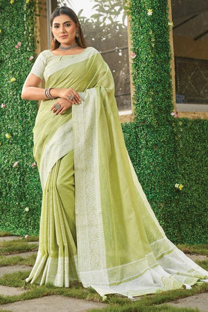 Pistachio Green Linen Blend Saree