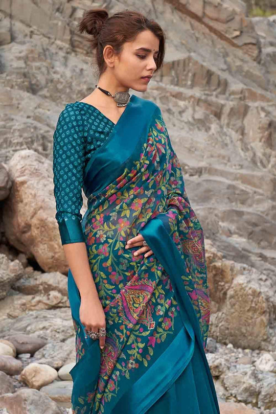 Prussian Blue Floral Printed Linen Blend Saree
