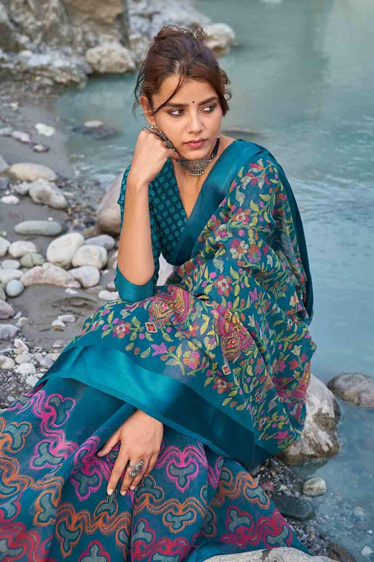Prussian Blue Floral Printed Linen Blend Saree