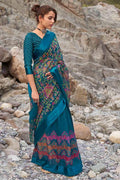 Prussian Blue Floral Printed Linen Saree