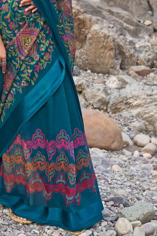 Prussian Blue Floral Printed Linen Blend Saree