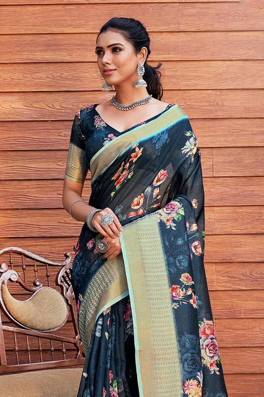 Prussian Blue Linen Blend Saree