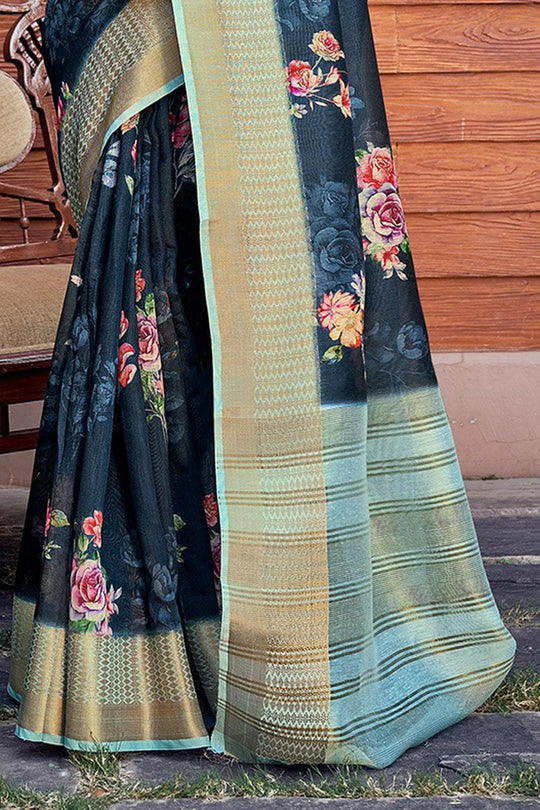 Prussian Blue Linen Blend Saree