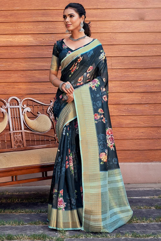 Prussian Blue Linen Blend Saree