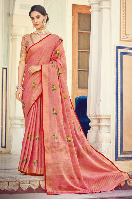 pink linen saree