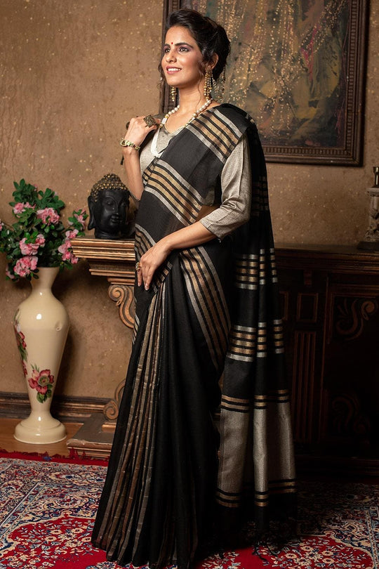 Raven Black Linen Blend Saree