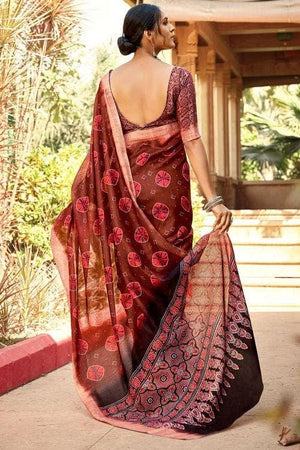 Red Printed Linen Saree