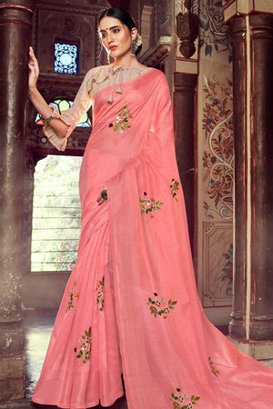 Rose Pink Embroidered Linen Saree