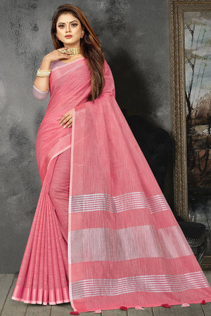 Rouge Pink Linen Blend Saree