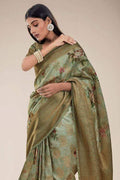 green linen saree
