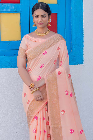 Salmon Pink Linen Blend Saree