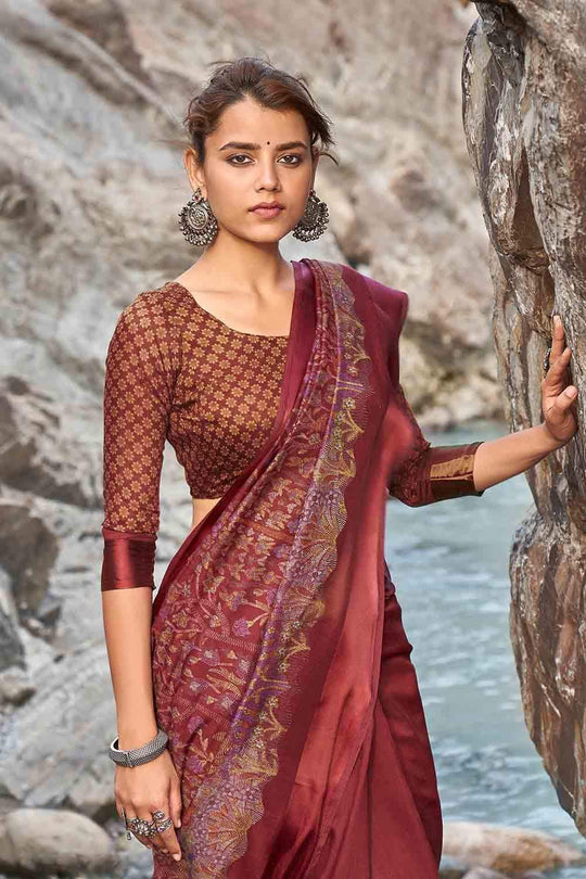 Sangria Red Floral Printed Linen Blend Saree