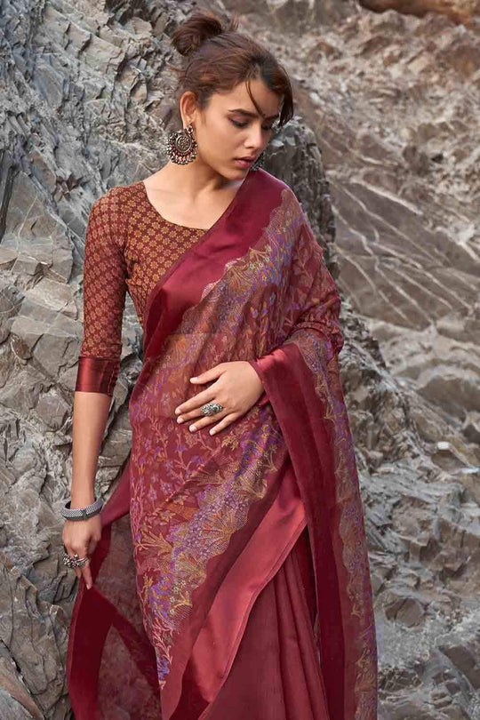 Sangria Red Floral Printed Linen Blend Saree