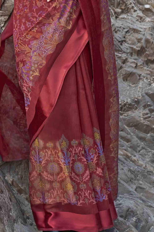 Sangria Red Floral Printed Linen Blend Saree