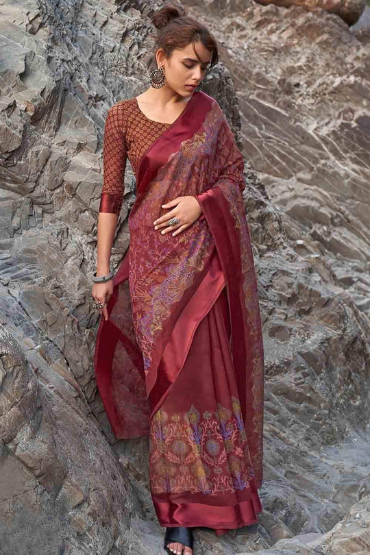 Sangria Red Floral Printed Linen Blend Saree