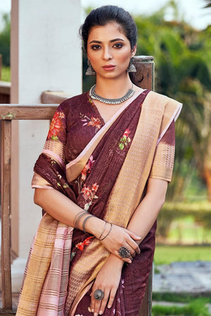 Sangria Red Linen Blend Saree
