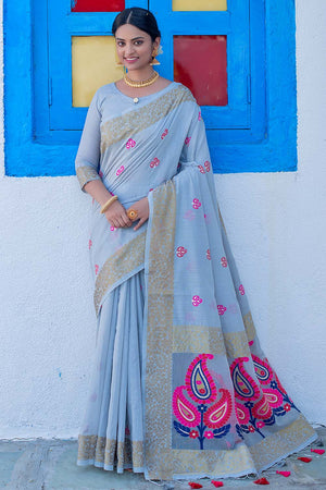 Seagull Blue Linen Blend Saree