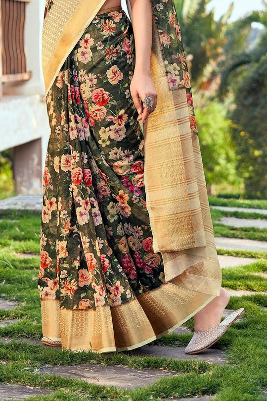 Seawood Green Linen Blend Saree