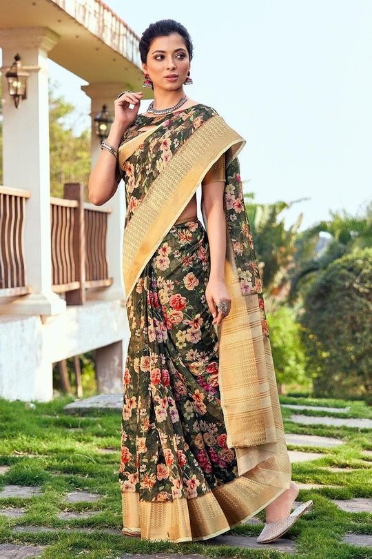 Seawood Green Linen Blend Saree