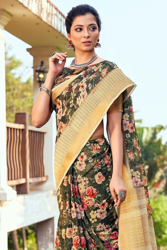 Seawood Green Linen Blend Saree