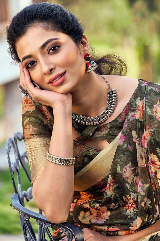 Seawood Green Linen Blend Saree