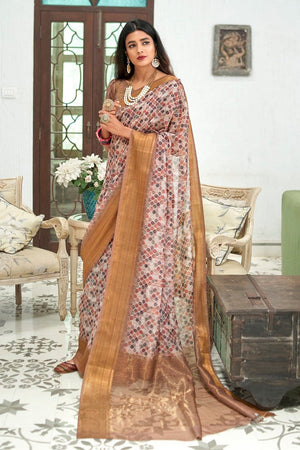 Shades Of Brown Digital Printed Linen Blend Saree