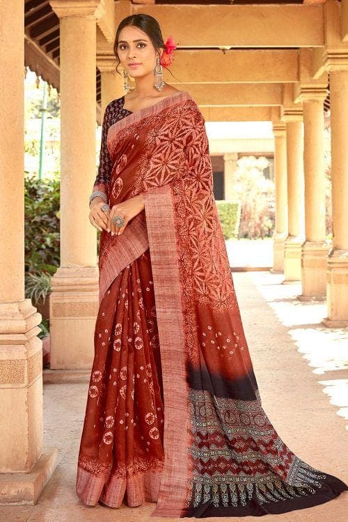 Linen Saree Sienna Brown Printed Linen Saree saree online