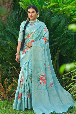 Sky Blue Linen Blend Saree