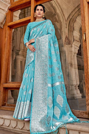Sky Blue Linen Blend Saree