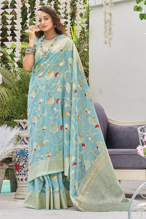 Sky Blue Linen Blend Saree