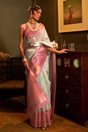 Sky Blue Linen Blend Saree