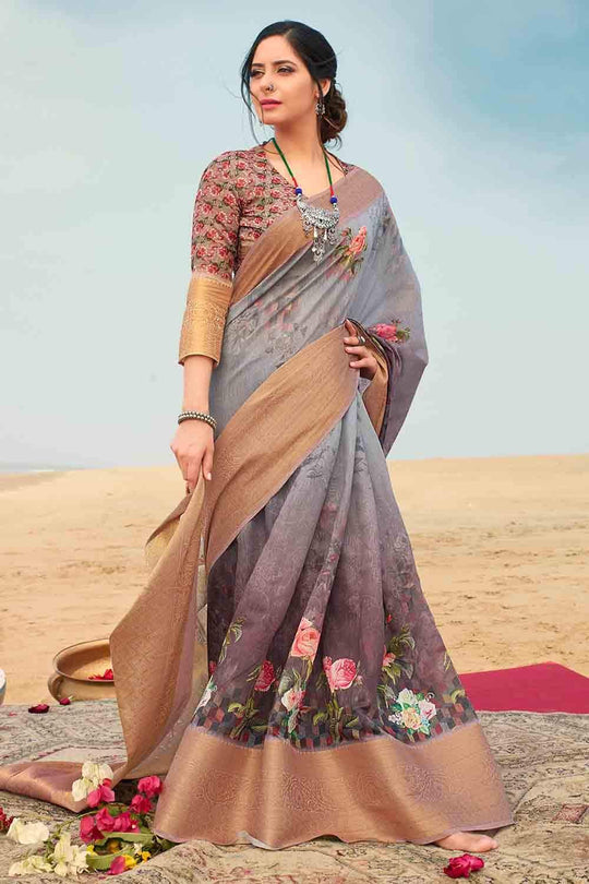 Linen Saree Smoke Grey Digital Printed Linen Saree saree online