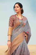 Smoke Grey Digital Printed Linen Saree