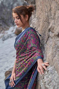 Space Blue Floral Printed Linen Blend Saree