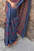 Space Blue Floral Printed Linen Blend Saree