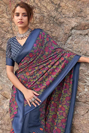 Space Blue Floral Printed Linen Saree