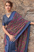 Space Blue Floral Printed Linen Blend Saree