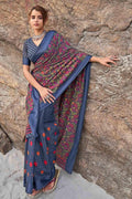 Space Blue Floral Printed Linen Blend Saree