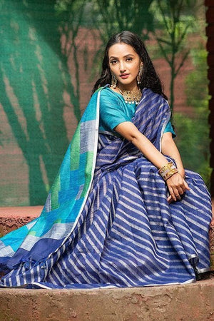 Space Blue Linen Blend Saree
