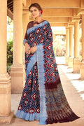 Linen Saree Space Blue Printed Linen Saree saree online