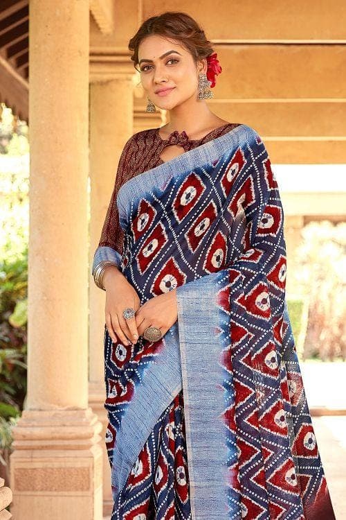 Linen Saree Space Blue Printed Linen Saree saree online