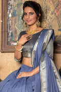 Steel Blue Plain Linen Blend Saree
