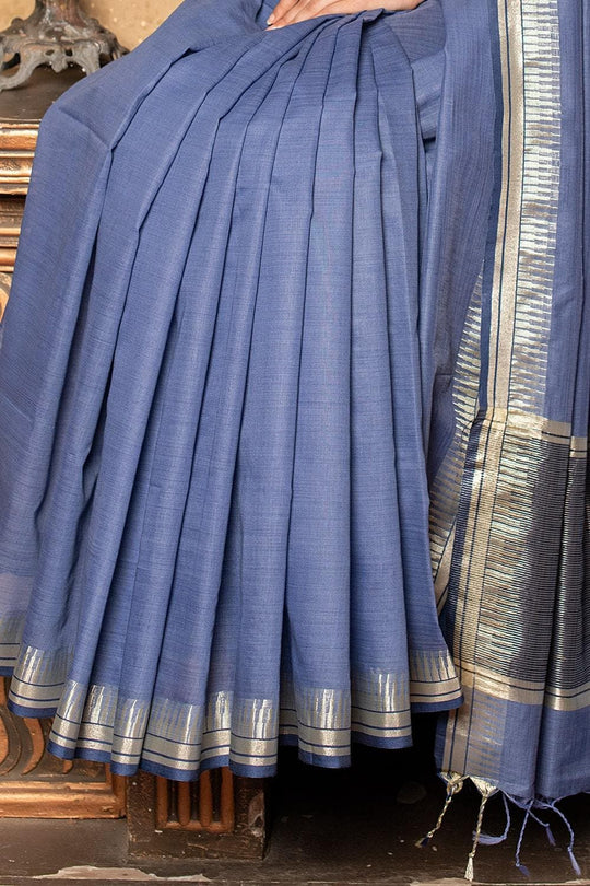 Steel Blue Plain Linen Blend Saree